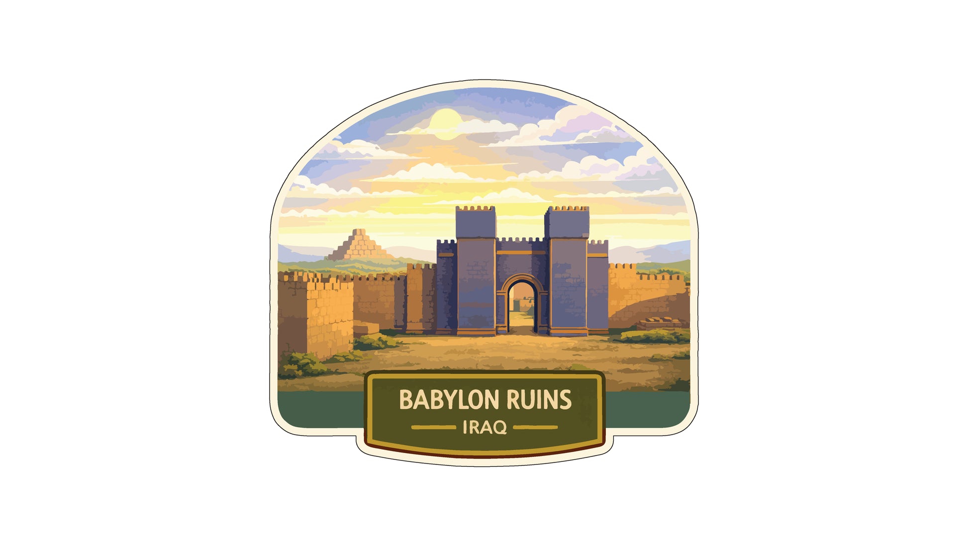 the ancient city of Babylon, Iraq, with its distinctive blue and gray architecture and walls.