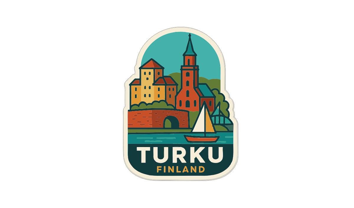 A sticker depicting the city of Turku, Finland, with a castle, a church, and a sailboat in the background.