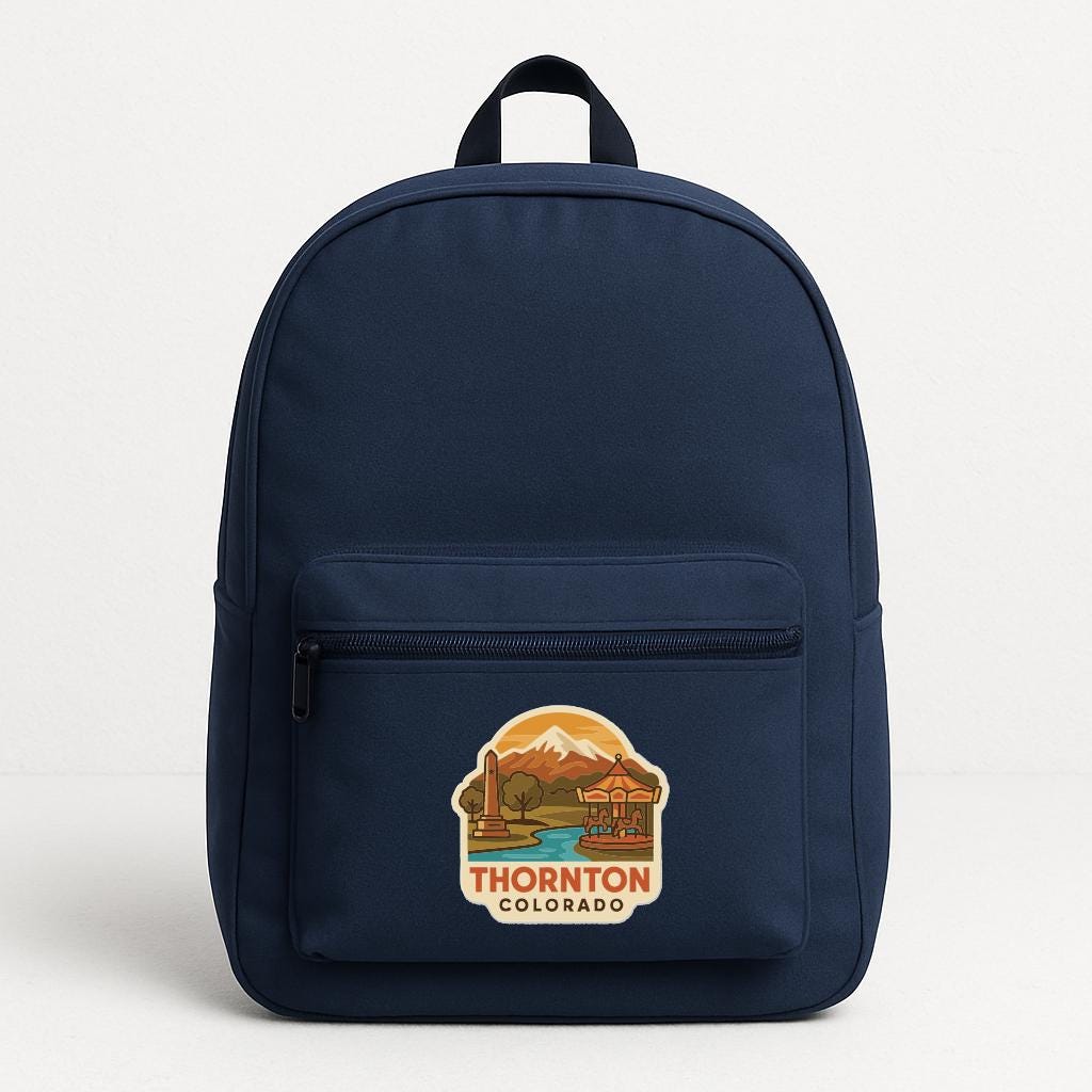 A navy blue backpack with a printed logo on the front pocket.