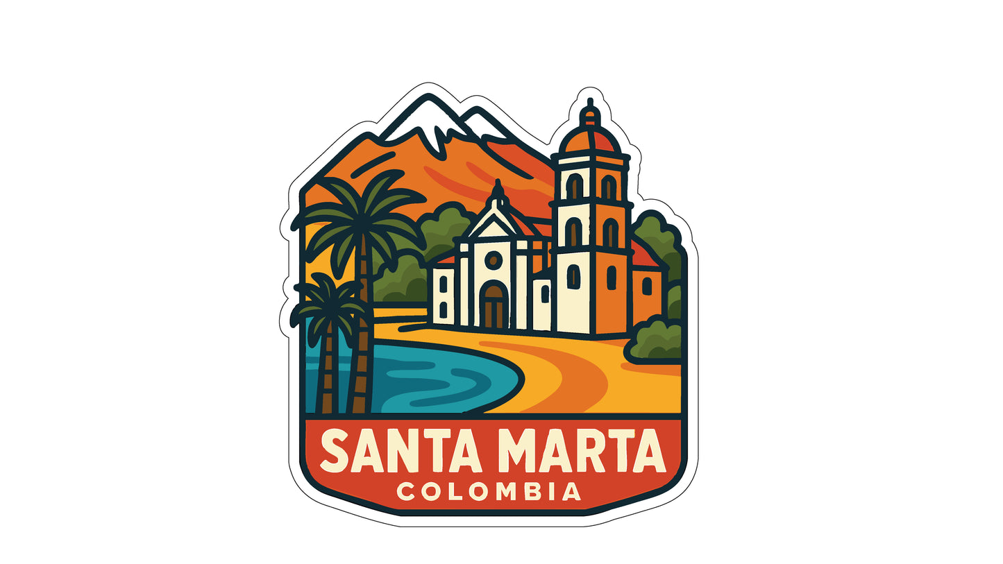 A colorful sticker depicting the Santa Marta Cathedral in Colombia, with palm trees, mountains, and a beach in the background.
