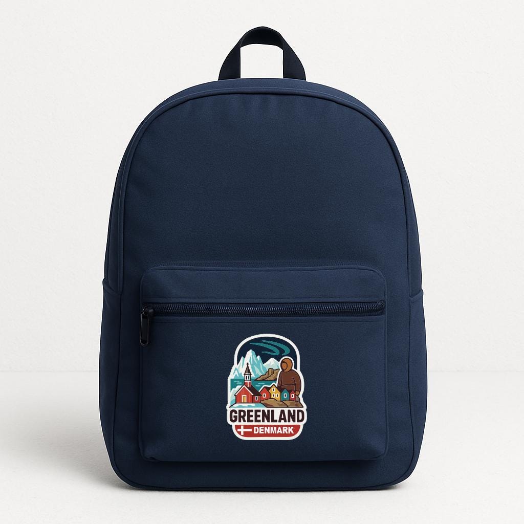 A navy blue backpack with a graphic of Greenland on the front pocket.