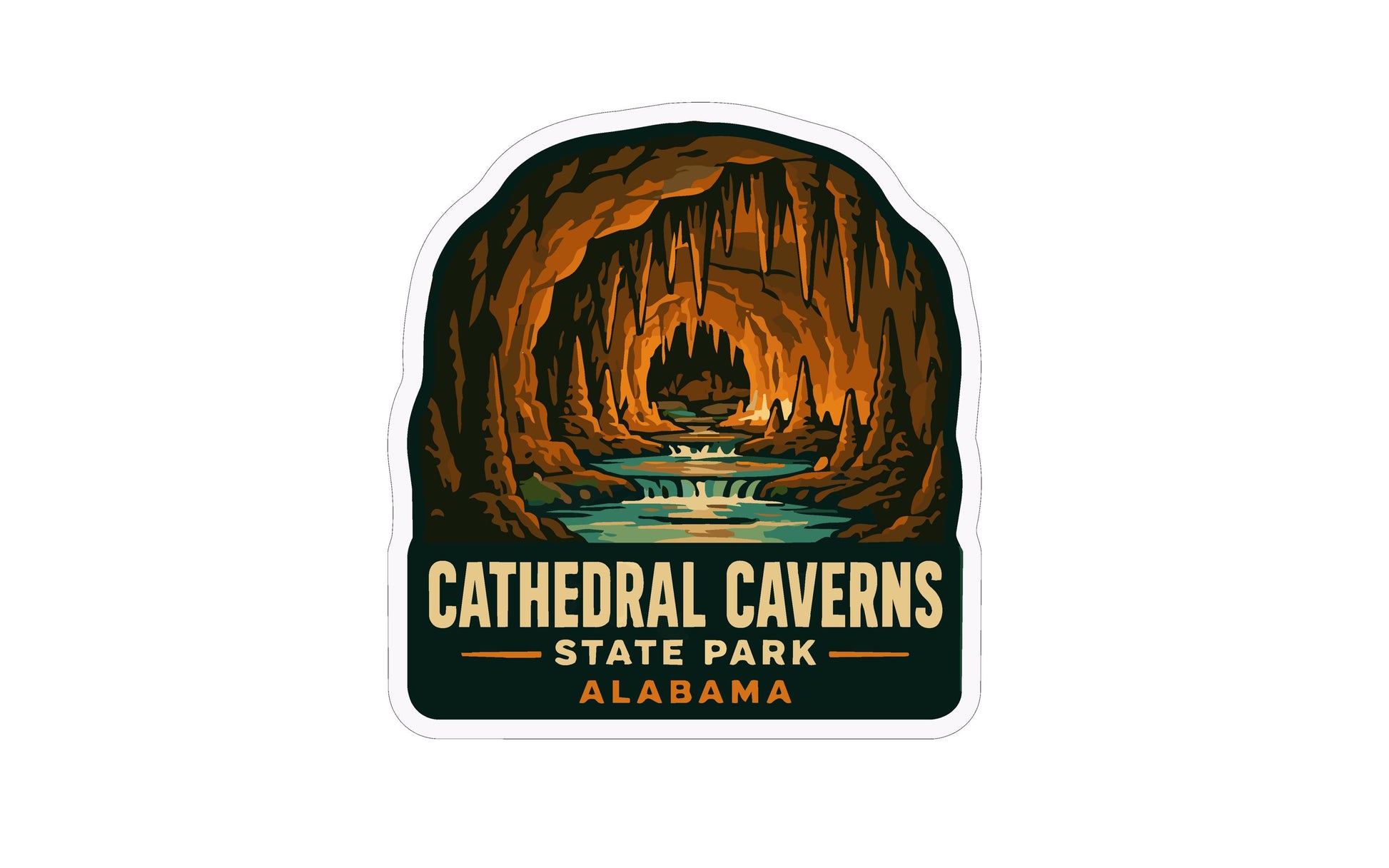 A sticker depicting the interior of a cave with a waterfall flowing through it, surrounded by stalactites and stalagmites.