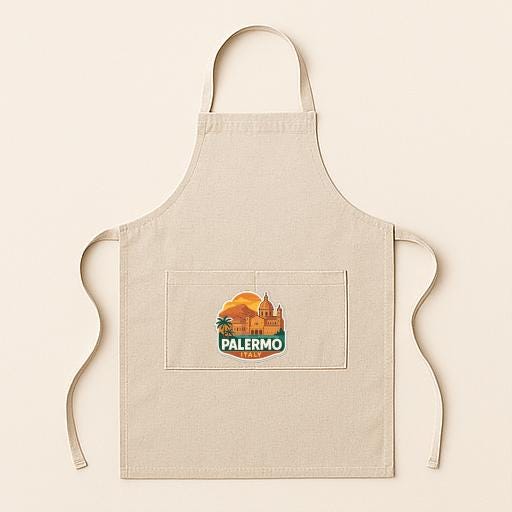 A beige apricot with a graphic of a city skyline and the word "PALERMO" printed on it.