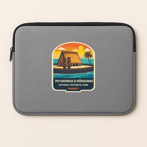 A gray laptop sleeve with a graphic design depicting a traditional Hawaiian hut on a beach, surrounded by palm trees and a sunset.