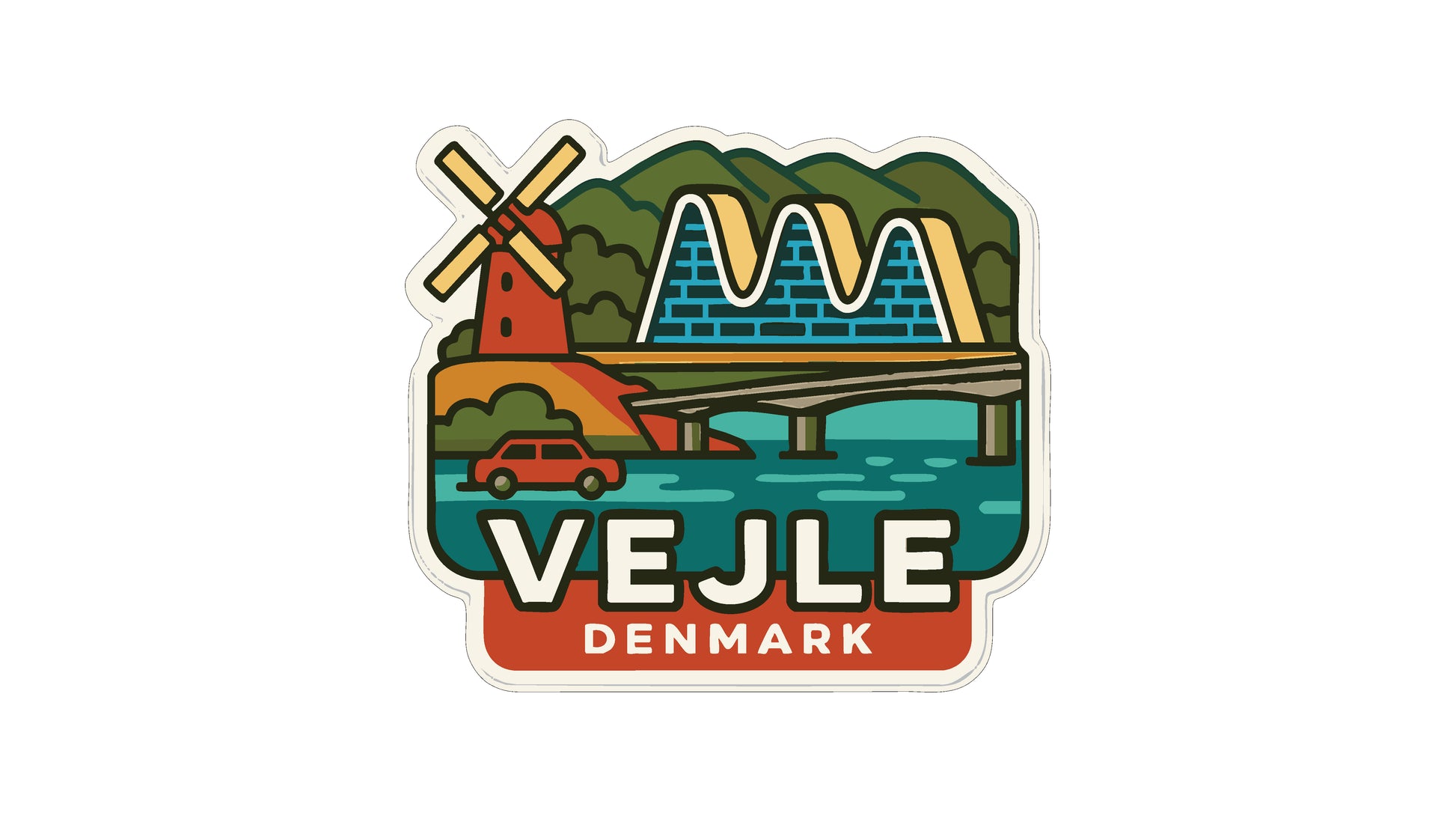 a sticker or logo depicting a scenic view of Vejle, Denmark. The landscape includes a windmill, a bridge, and a river, with the word "Vejle" prominently displayed.