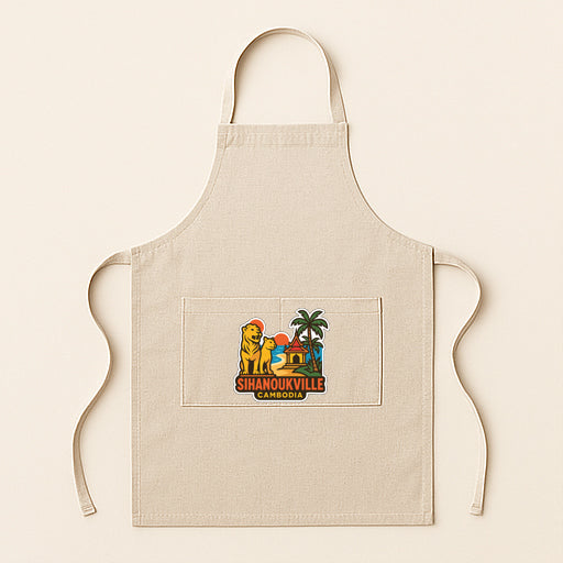 A beige apricot with a graphic design on it, featuring a cartoon character and text.