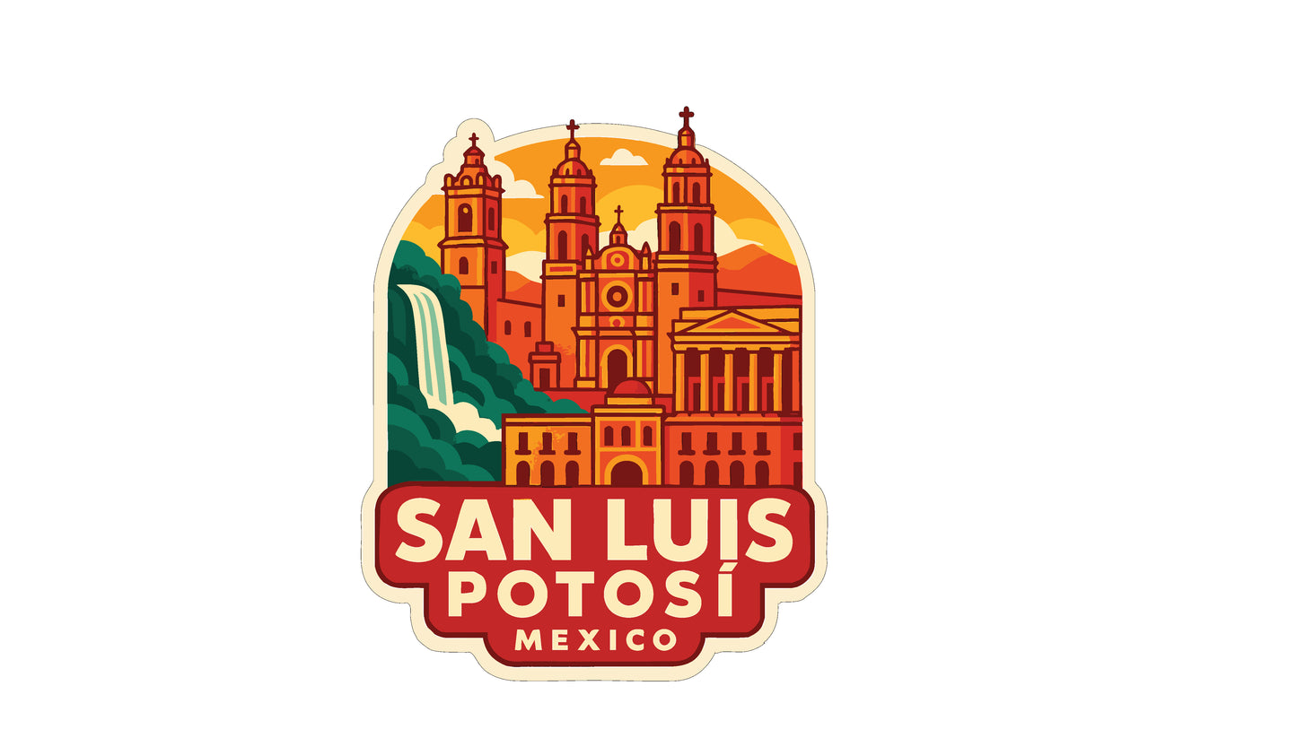 a stylized illustration of the city of San Luis Potosi, Mexico, with various architectural elements such as buildings, domes, and a waterfall.