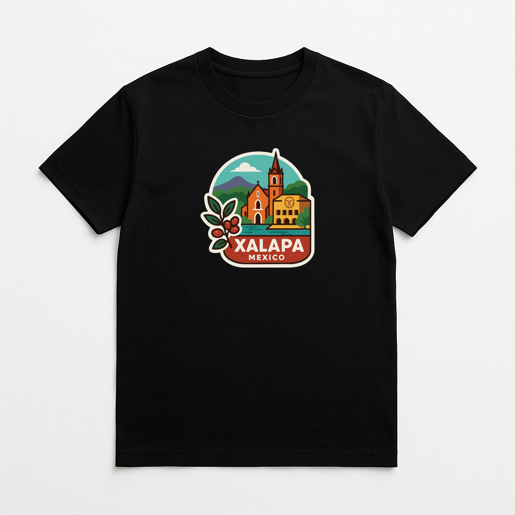 A black t-shirt with a colorful graphic design depicting a town or city in Mexico, along with a church or cathedral and mountains in the background.