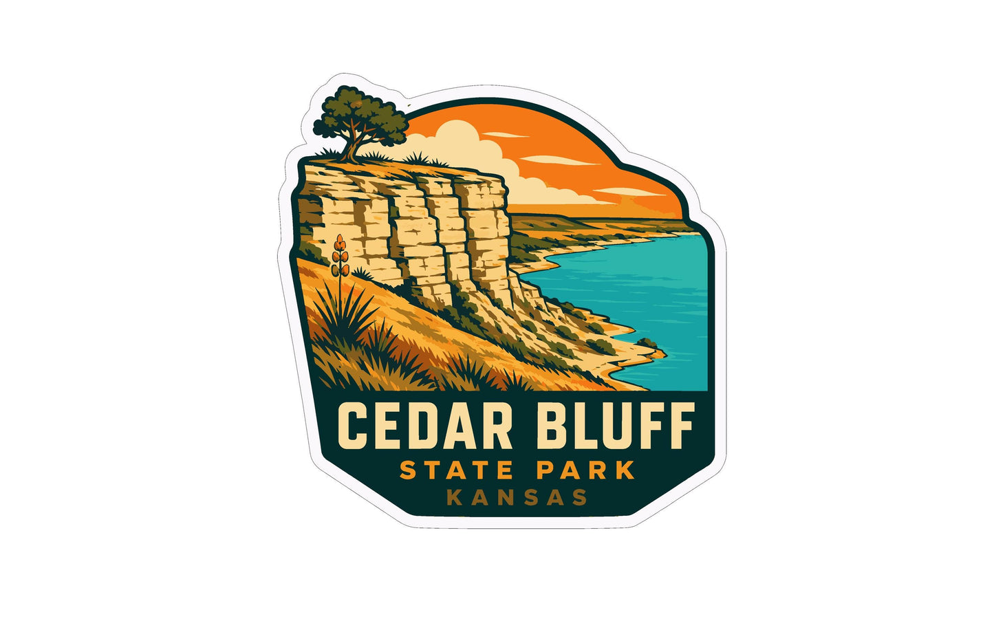 A sticker depicting a scenic landscape with a cliff overlooking a body of water, likely Cedar Bluff State Park in Kansas.