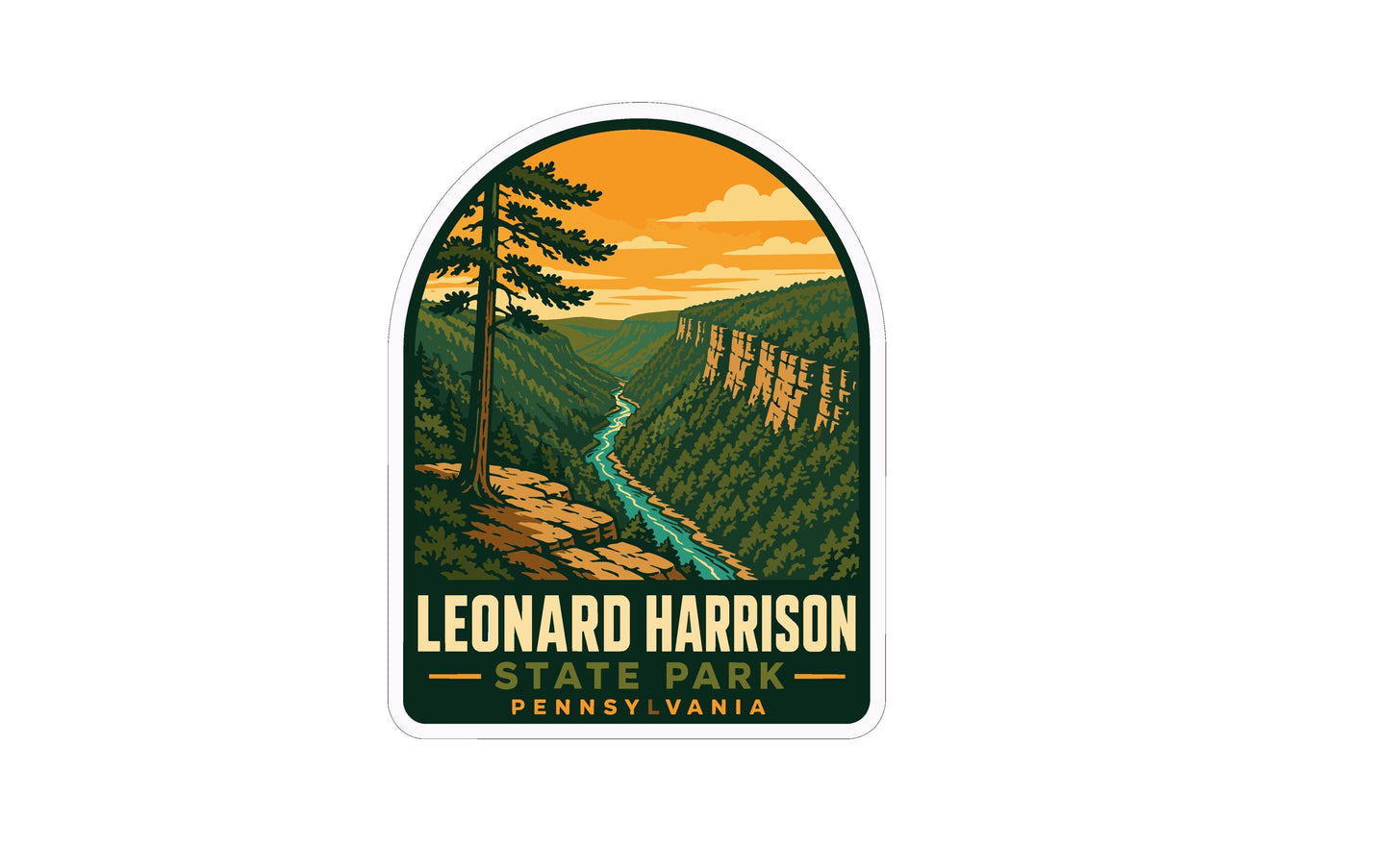 A sticker depicting a scenic landscape with a river, mountains, and trees, with the text "LEONARD HARRISON STATE PARK PENNSYLVANIA" prominently displayed.