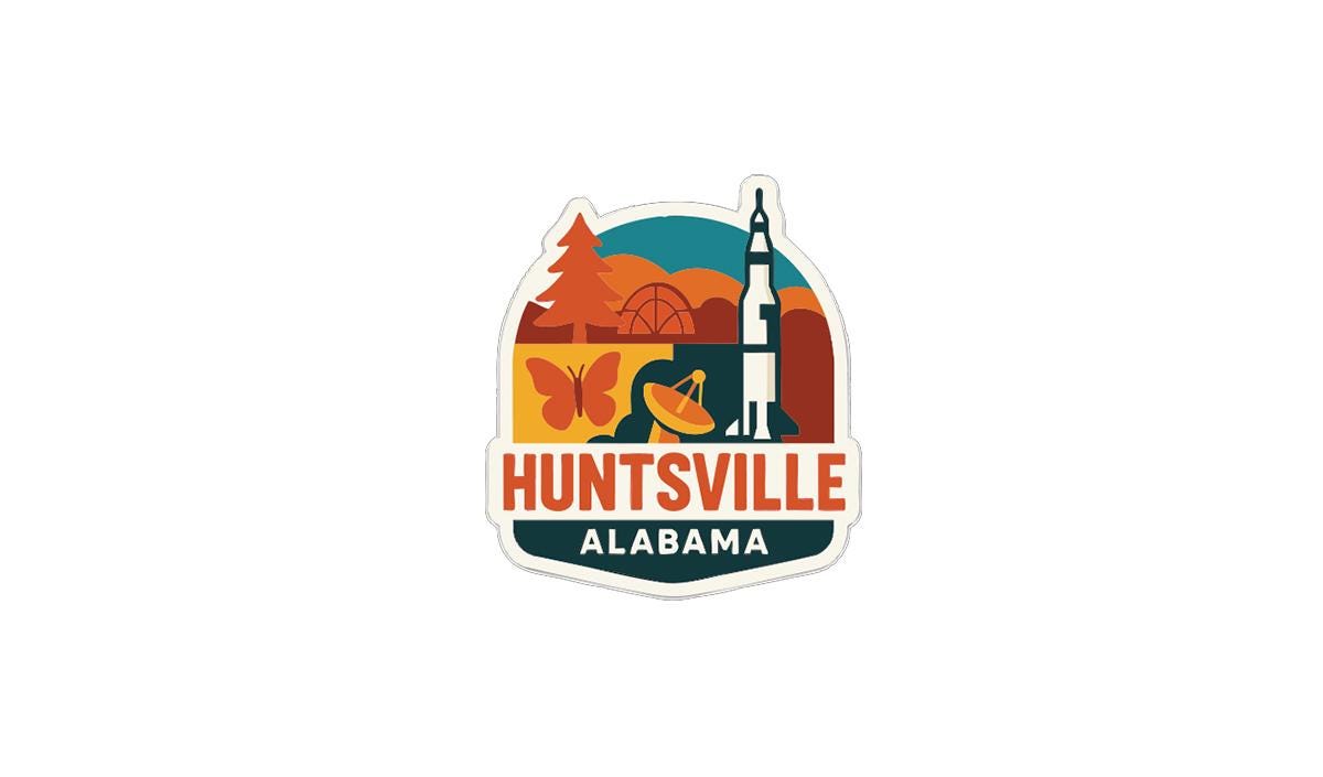 A colorful sticker or emblem featuring a variety of elements, including a rocket ship, a butterfly, a tree, and mountains, along with the text "HUNTSVILLE ALABAMA".