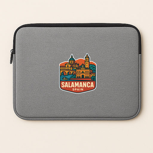 A gray laptop sleeve with a graphic design depicting the city of Salamanca, Spain.