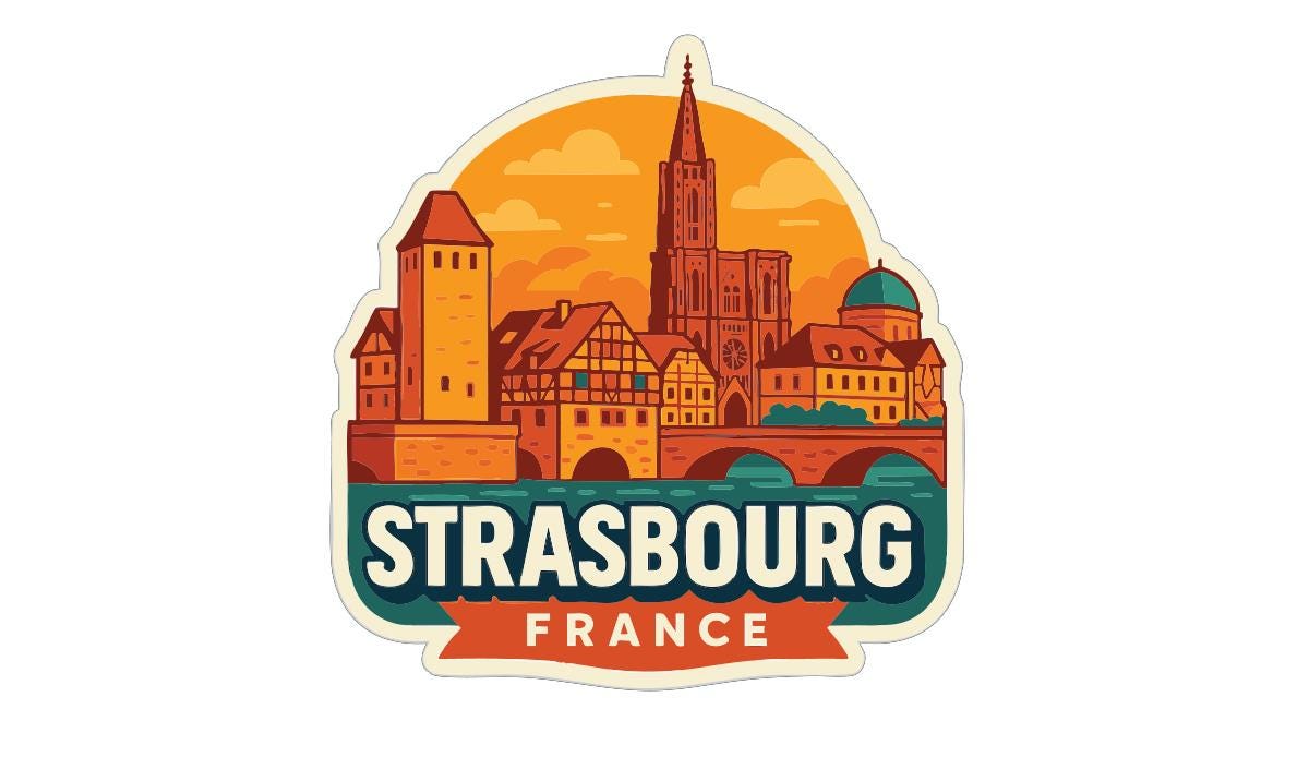a sticker or illustration of the city of Strasbourg, France, with a colorful and stylized depiction of the city's architecture and landmarks.