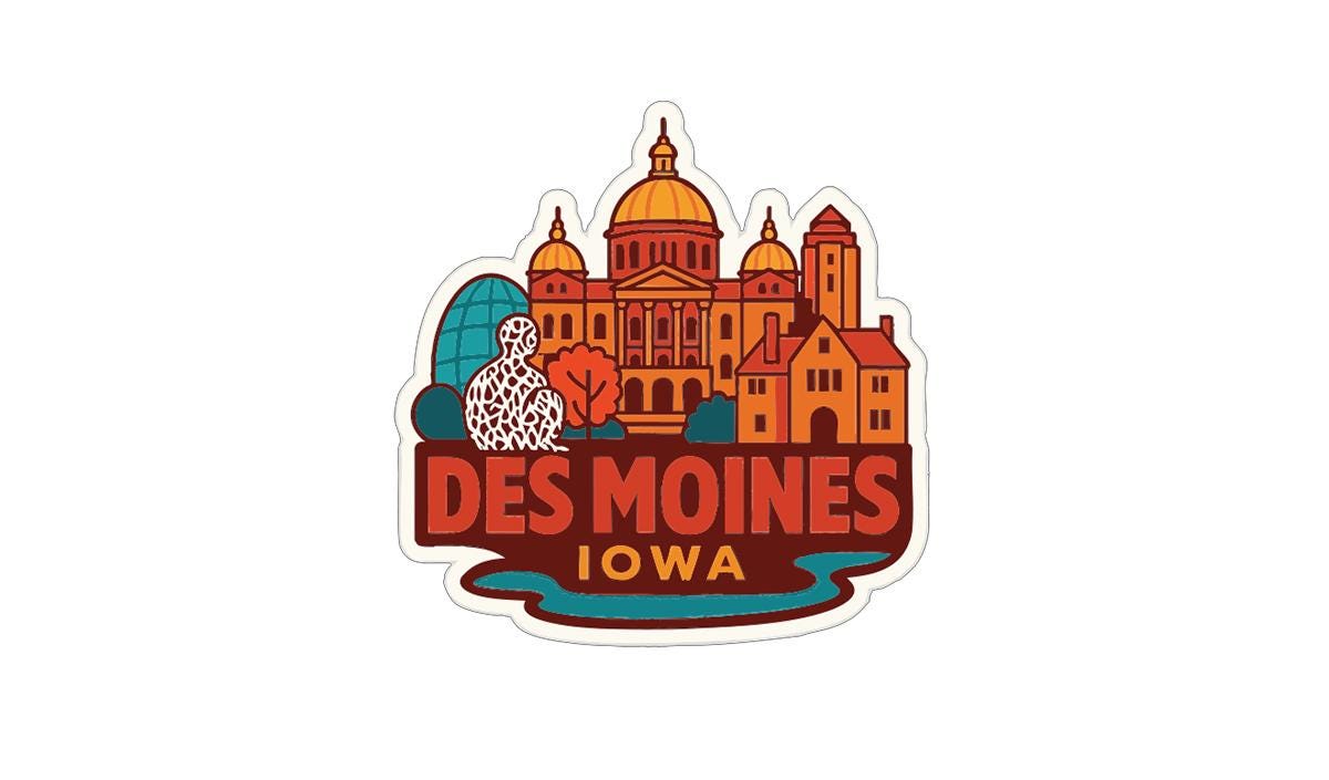 A sticker depicting the skyline of Des Moines, Iowa, with a variety of buildings and landmarks.