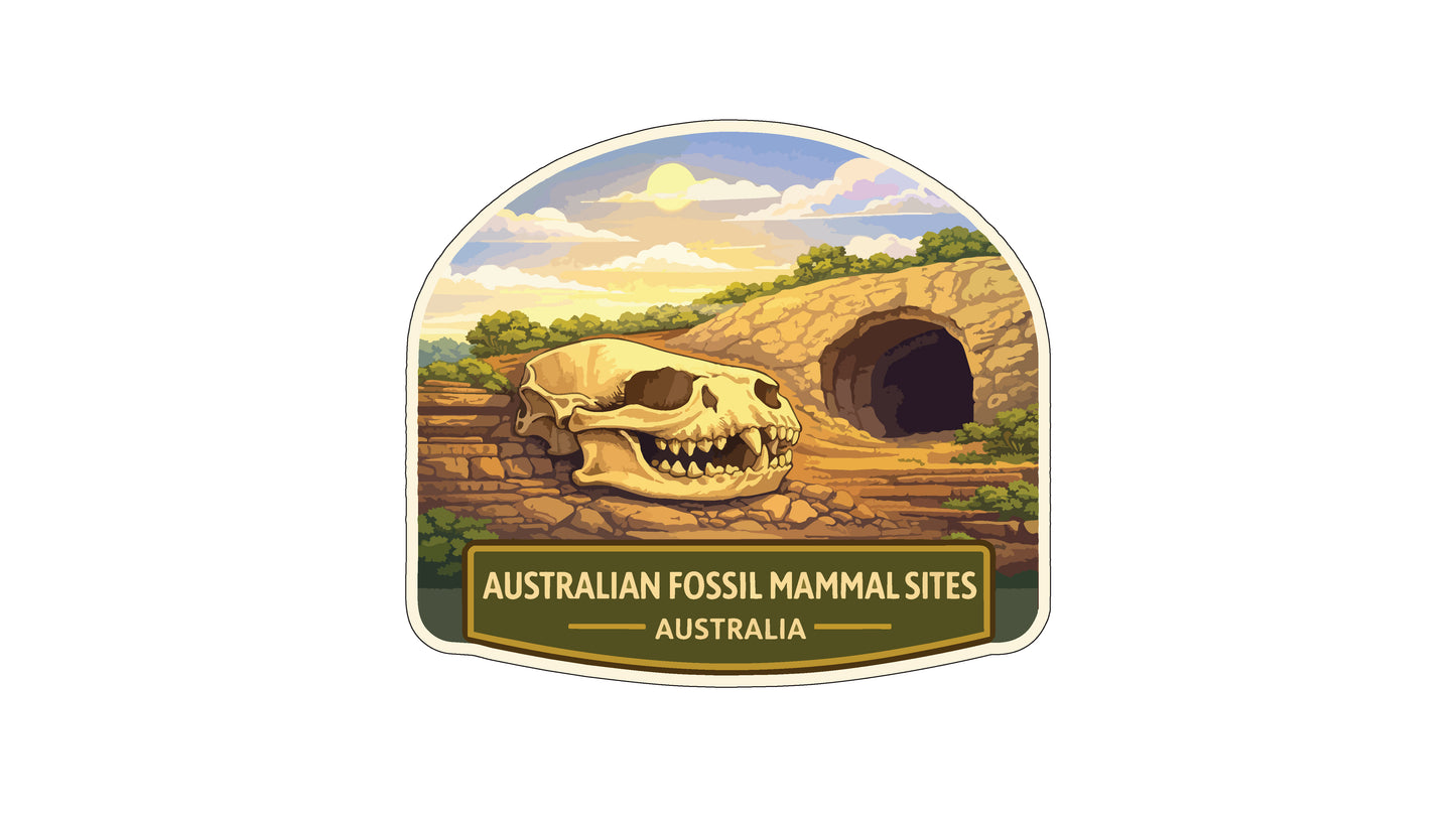 a fossil skull and a cave entrance, with the text "AUSTRALIAN FOSSIL MAMMAL SITES AUSTRALIA" below the illustration.