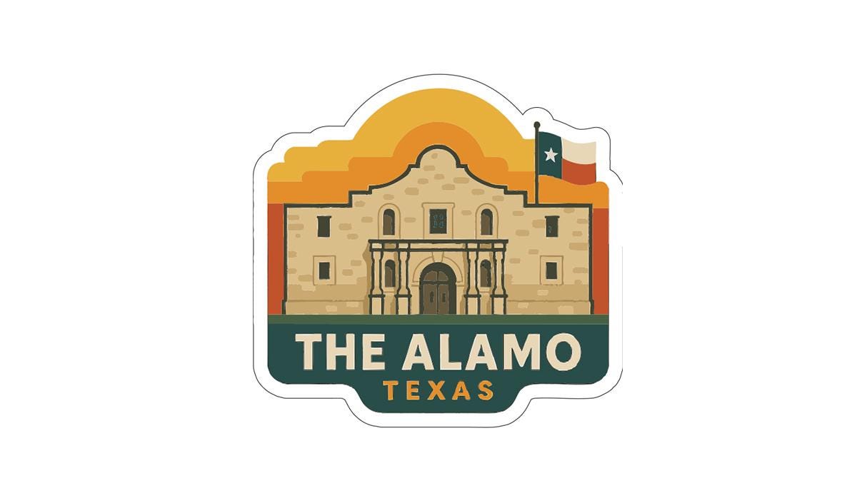 A sticker depicting the Alamo, a historic landmark in Texas, with a Texas flag in the background.