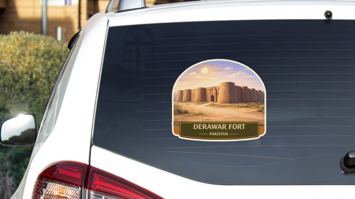 A sticker on the rear window of a car depicting the Deraw Fort in Pakistan.
