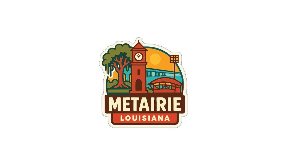 a colorful illustration of a clock tower, a bridge, and a tree, with the text "METAIRE LOUISIANA" prominently displayed.