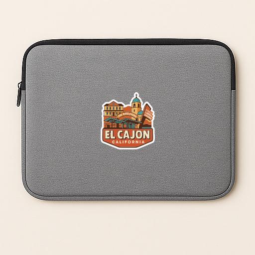 A gray laptop sleeve with a sticker of El Cajon, California, printed on it.