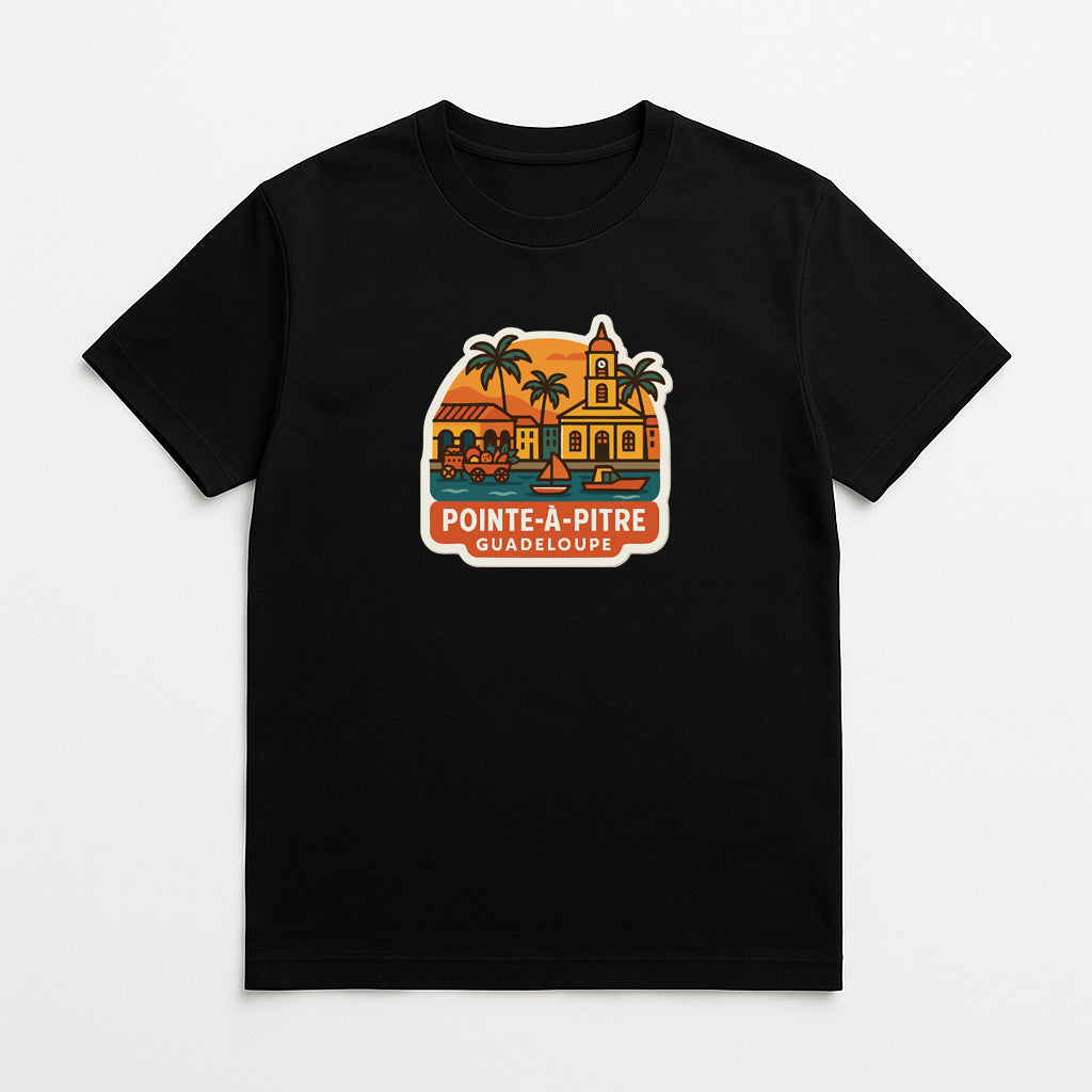 A black t-shirt with a graphic design depicting a tropical scene with palm trees, buildings, and a sunset.