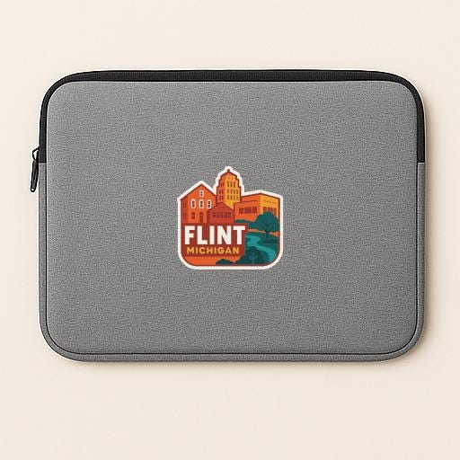 A gray laptop sleeve with a graphic design featuring a cityscape and the text "FLINT MICHIGAN" printed on it.