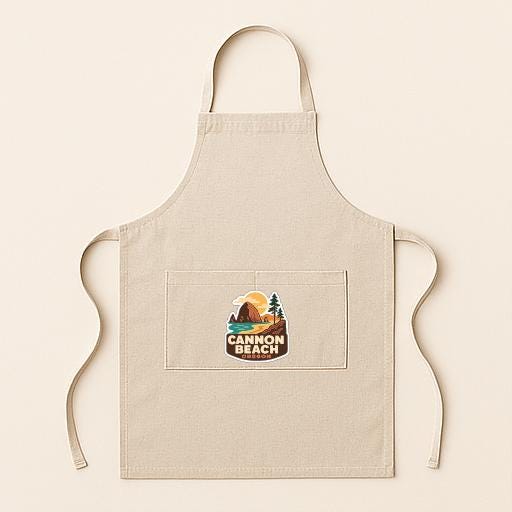 A beige apricot with a logo for Cannon Beach on the front pocket.