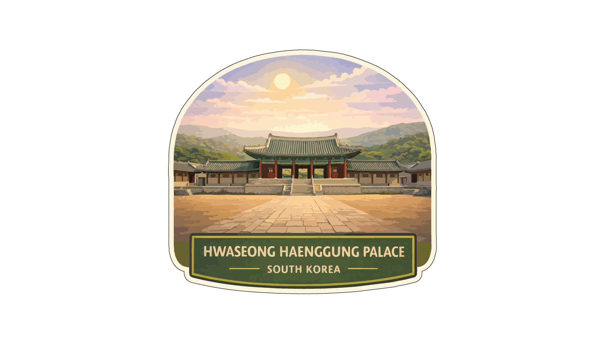 a traditional Korean palace with a temple in the background, set against a scenic landscape with mountains and a bright sun.