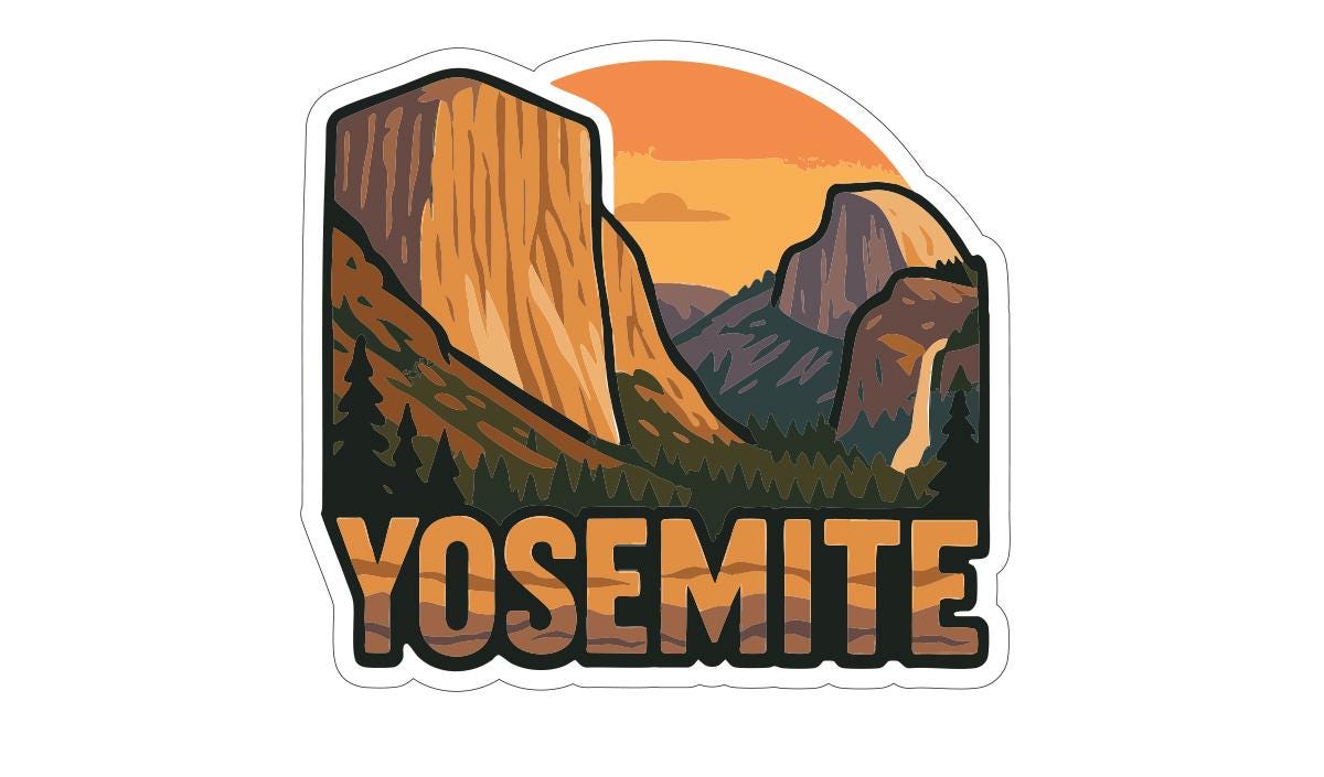 A sticker depicting the majestic Yosemite National Park with its iconic granite cliffs, a vibrant sunset sky, and lush forests.