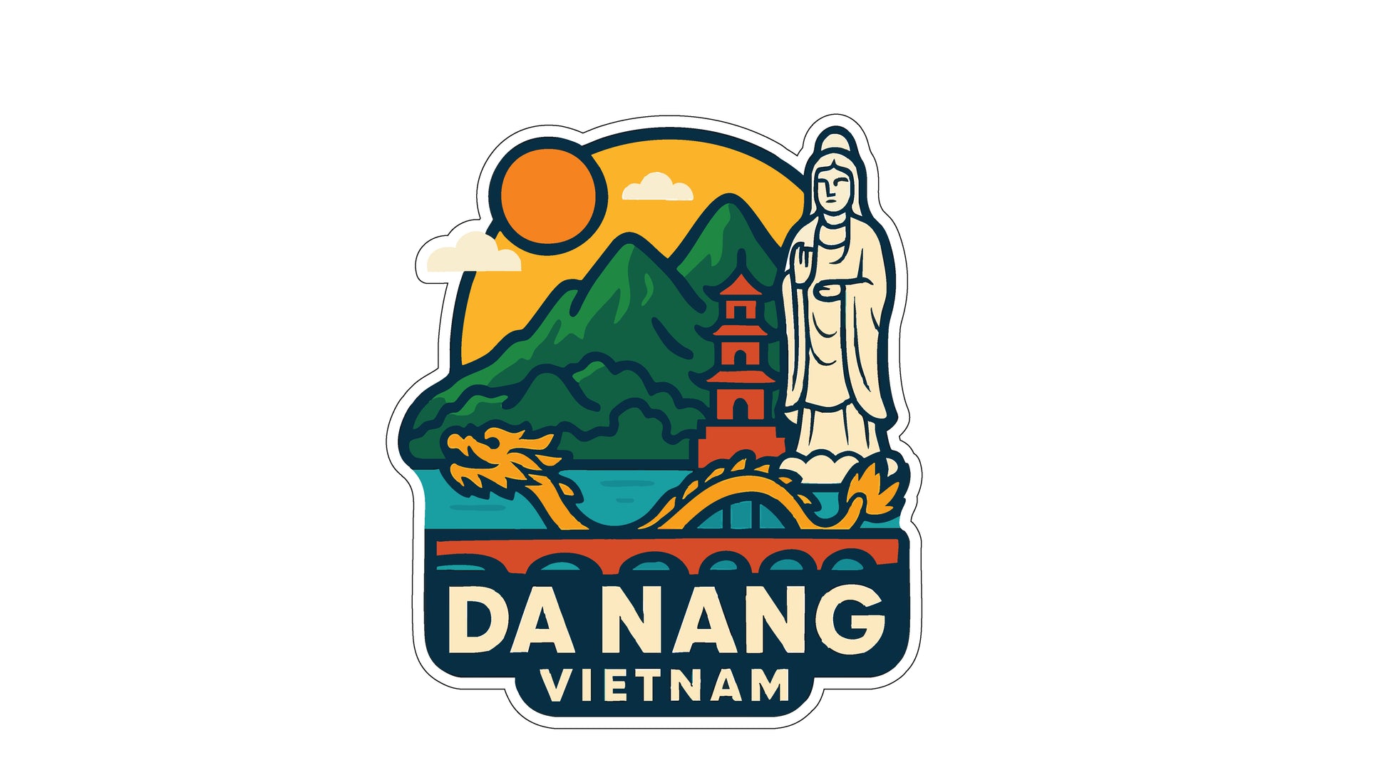 a sticker or emblem with various elements representing the city of Da Nang, Vietnam. It includes a statue of Buddha, mountains, a dragon, and a bridge. The text "DA NAONG VIETNAM" is prominently displayed, indicating the location or theme of the image.