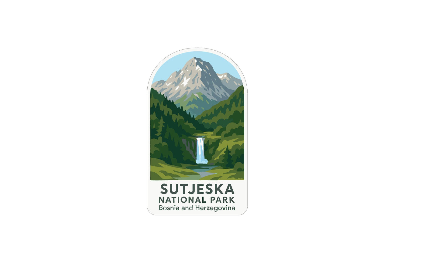 a logo for the Svetjeska National Park in Bosnia and Herzegovina, depicting a mountain landscape with a waterfall.