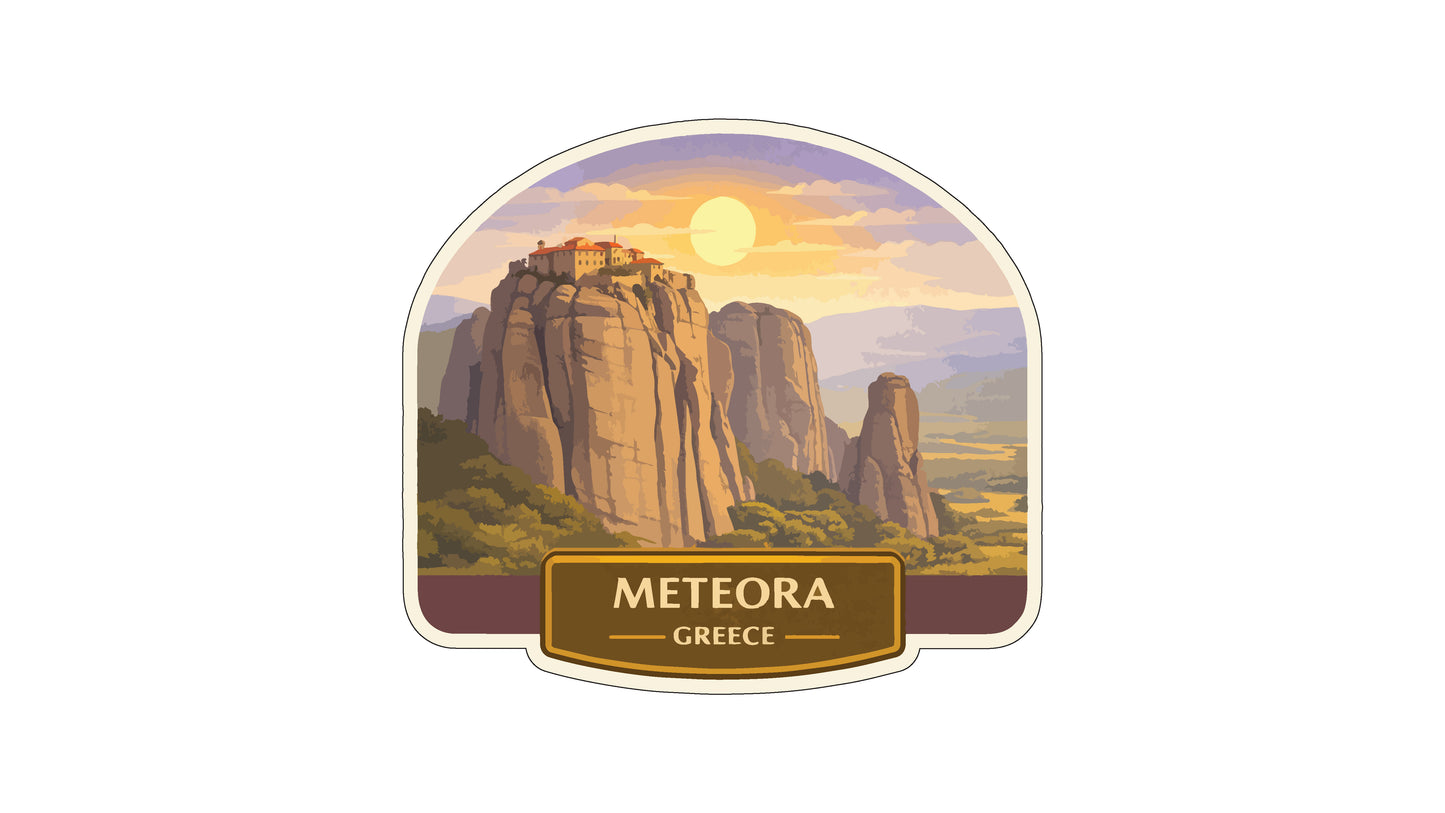 a scenic view of the Meteora mountain range in Greece, with a sunset in the background.