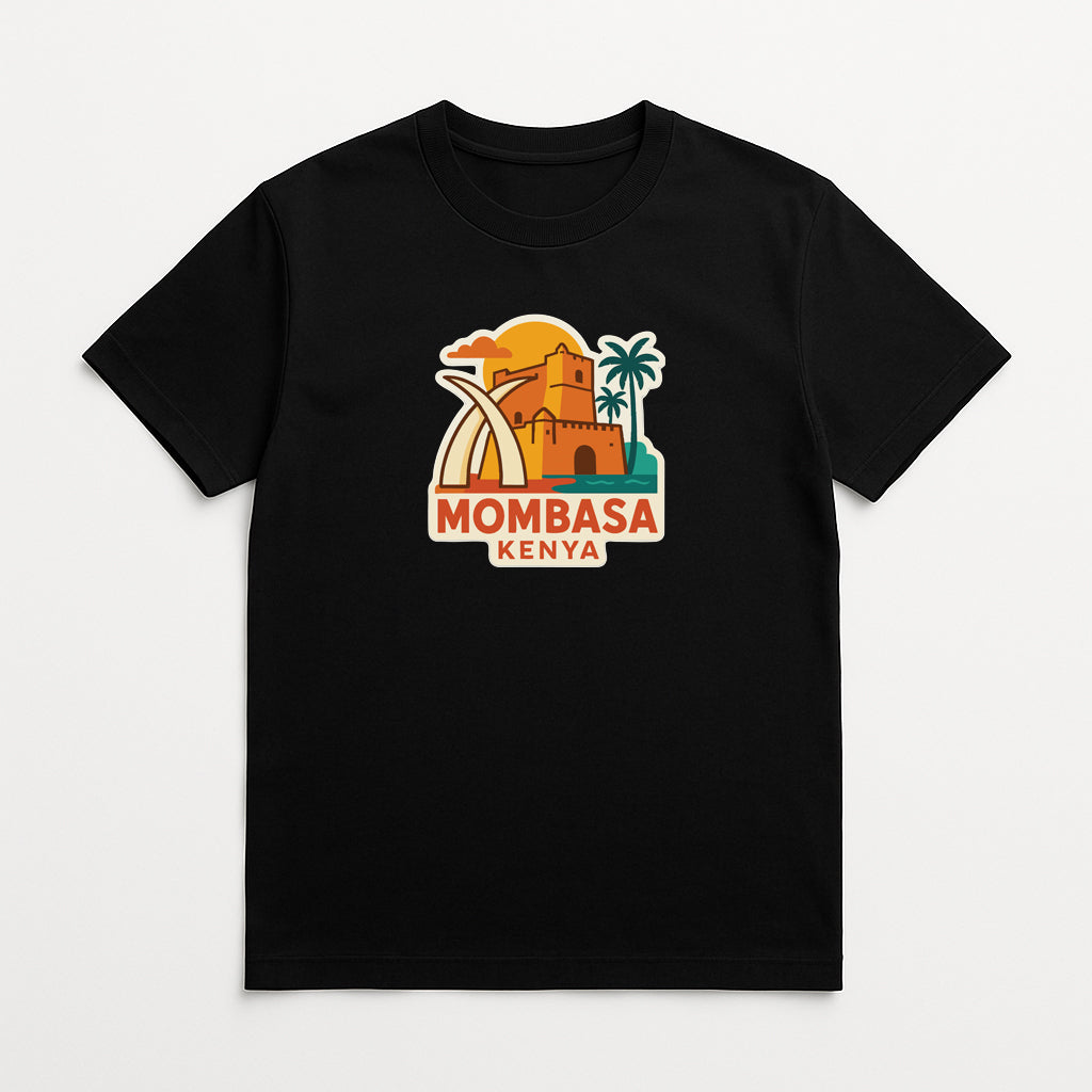 A black t-shirt with a graphic design depicting a building, palm tree, and sun, along with the text "MOMBASA KENYA".