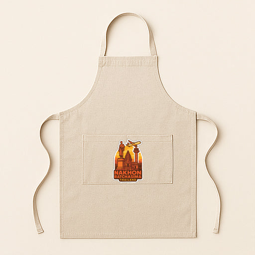 A beige apricot with a graphic design on the front pocket, featuring a temple and a bird.