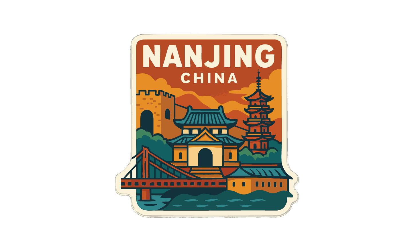 The image is a sticker or poster depicting a cityscape with traditional Chinese architecture, including pagodas and a bridge.