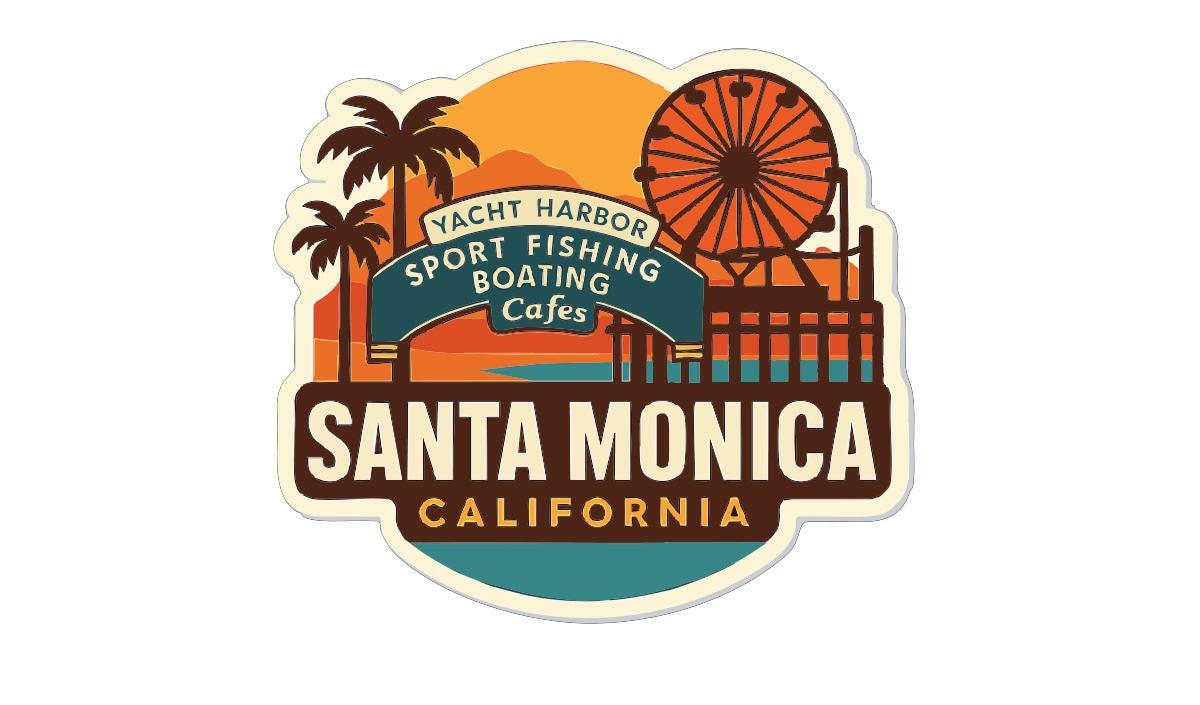 a sticker or logo for Santa Monica, California. It includes a ferris wheel, palm trees, and a sign that says "Yacht Harbor Sport Fishing Boating Cafes Santa Monica California".