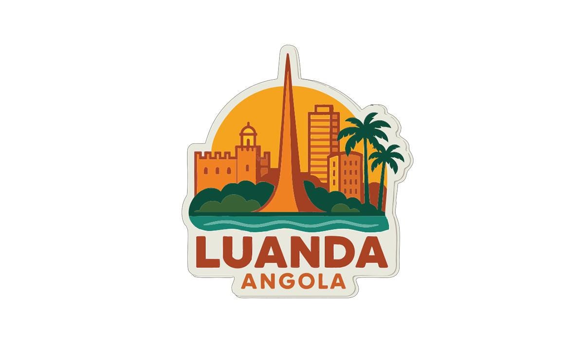 a stylized illustration of the city of Luanda, Angola, with a tall tower in the center and a tropical landscape surrounding it.