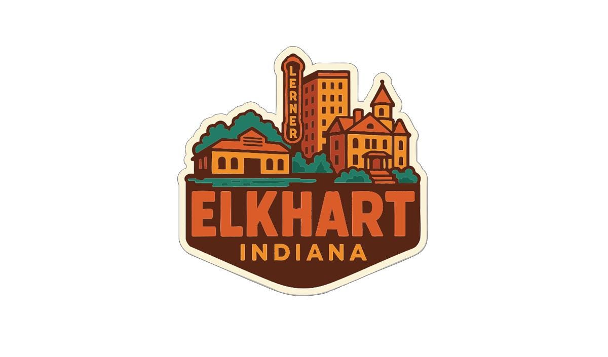 A sticker or emblem featuring a stylized illustration of a cityscape with buildings, trees, and a prominent sign that reads "ELKHART INDIANA".