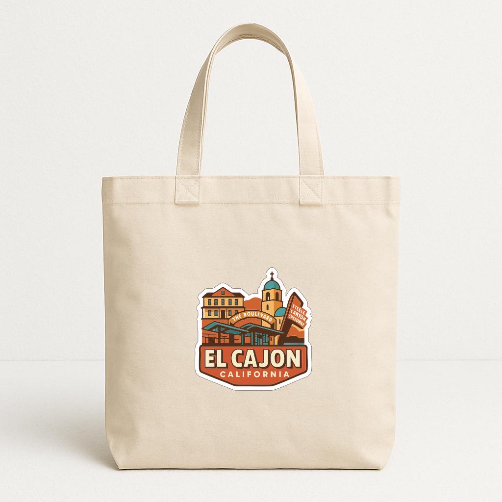 A beige tote bag with a printed design of a cityscape and the text "EL CAJON, CALIFORNIA" printed on it.