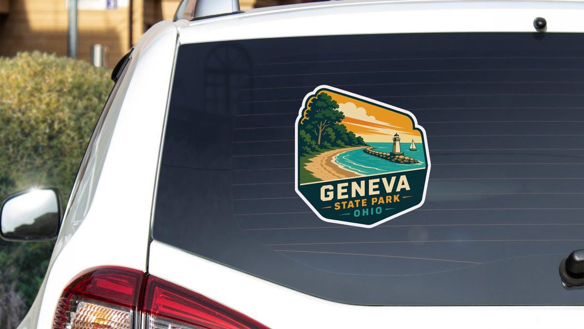 a sticker on the rear window of a car that says "GENEVA STATE PARK OHIO".