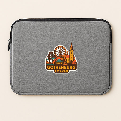 A gray laptop sleeve with a sticker depicting the Gothenburg, Sweden, cityscape.