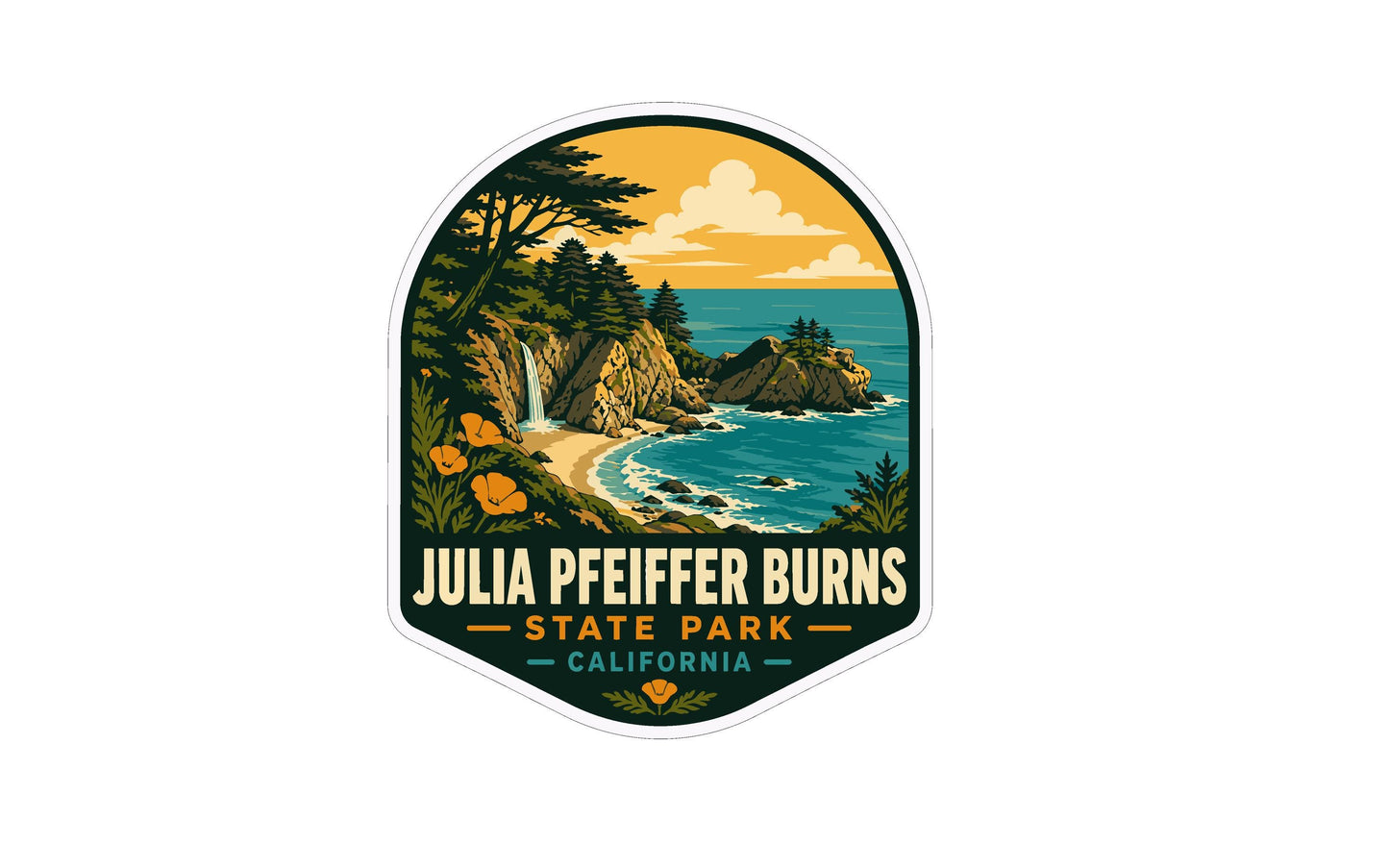 A sticker or emblem featuring a scenic landscape with a waterfall, cliffs, and a beach, along with the text "JULIA PFEIFER BURN'S STATE PARK CALIFORNIA".