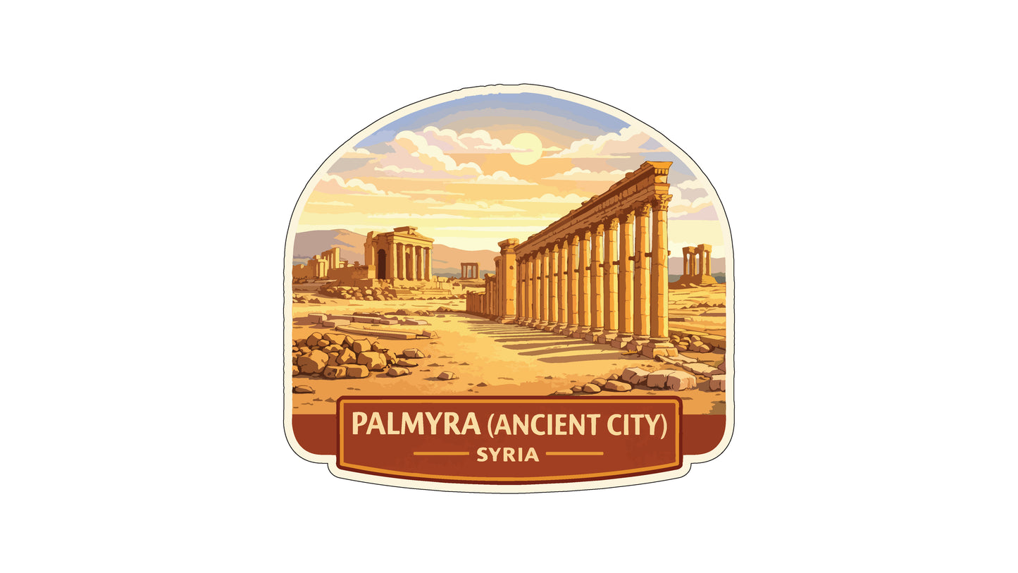 the ancient city of Palmyra, Syria, with its iconic columns and ruins set against a backdrop of a sunset sky.