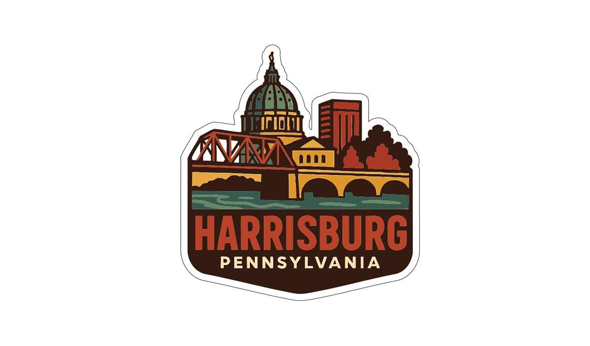 A sticker depicting the Harrisburg, Pennsylvania skyline, including the Harrisburg State House and the Pennsylvania State Building, with a bridge in the foreground.