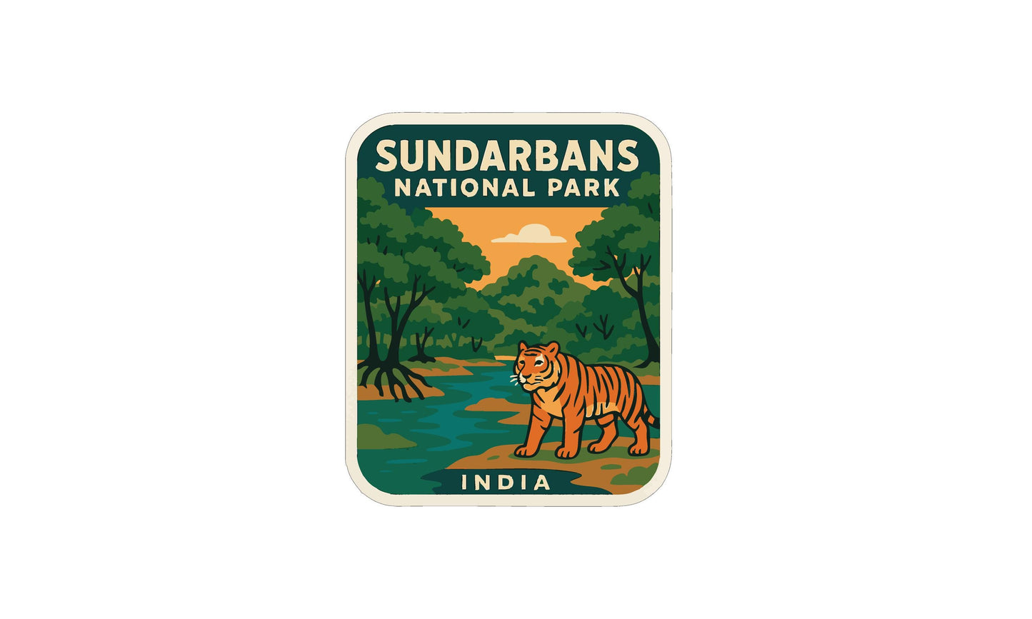 The image is a sticker or label for the Sundarbans National Park in India, featuring a tiger walking along a river surrounded by trees and foliage.