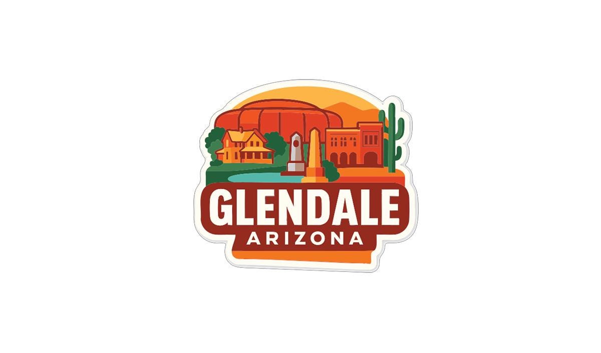 a stylized illustration of Glendale, Arizona, with various landmarks and buildings depicted in a vibrant, colorful design.