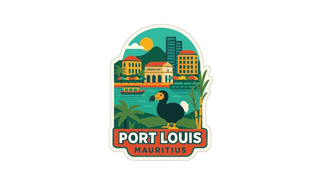 a colorful sticker or emblem with a bird, palm trees, and buildings, representing the city of Port Louis, Mauritius.