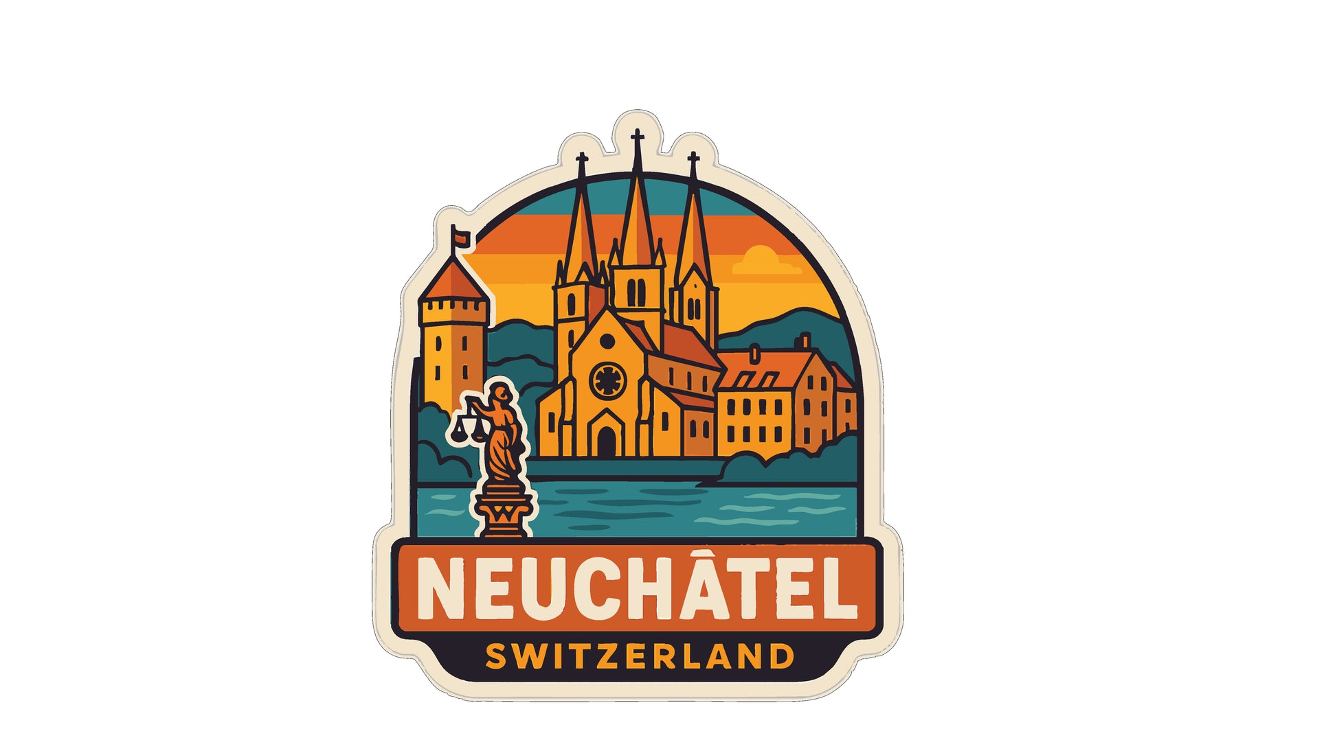a colorful illustration of a cityscape with a castle, a statue, and a body of water. The text "NEUCHATEL SWITZERLAND" is prominently displayed, indicating the location of the image.