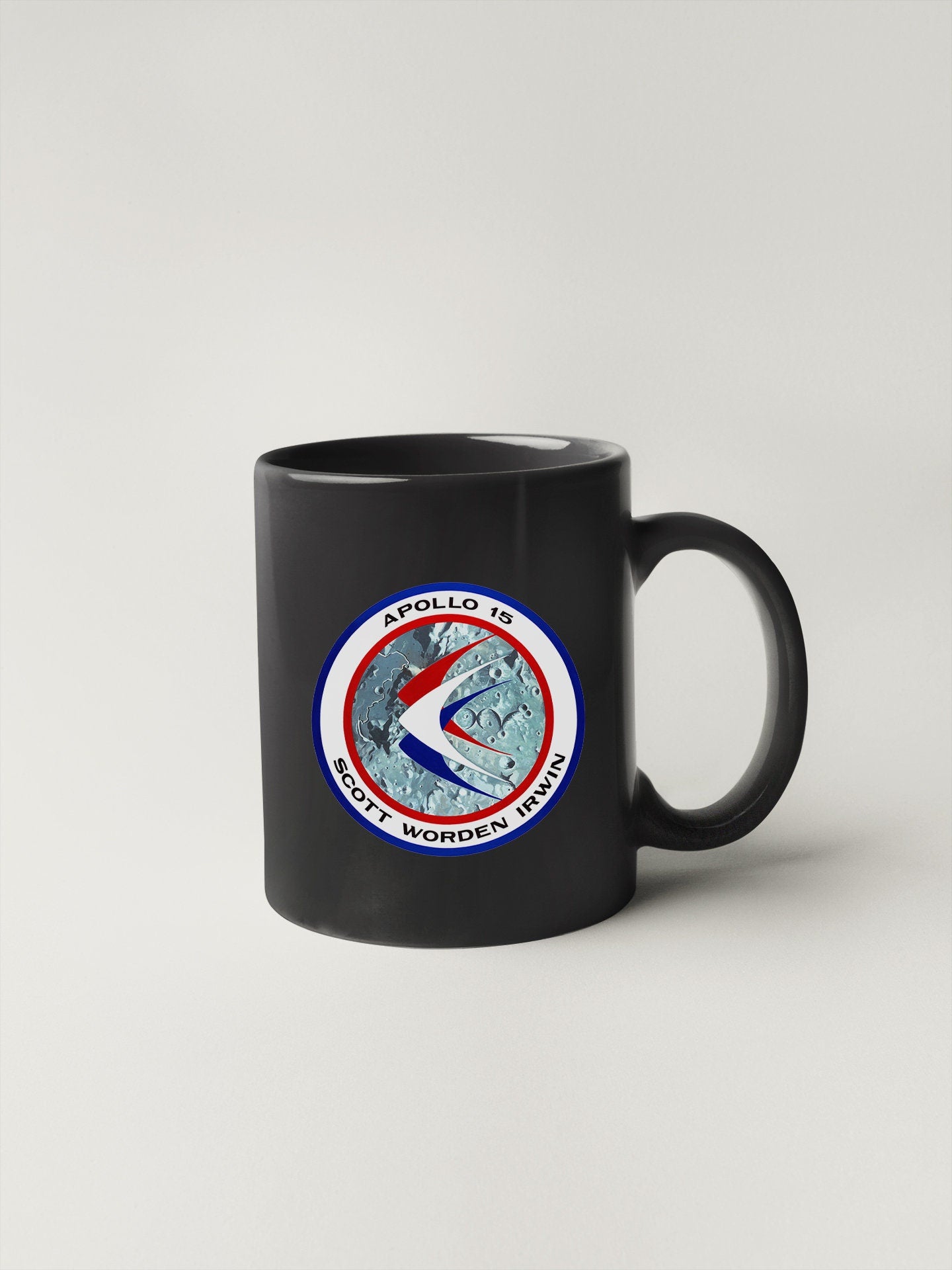 a black coffee mug with a logo on it