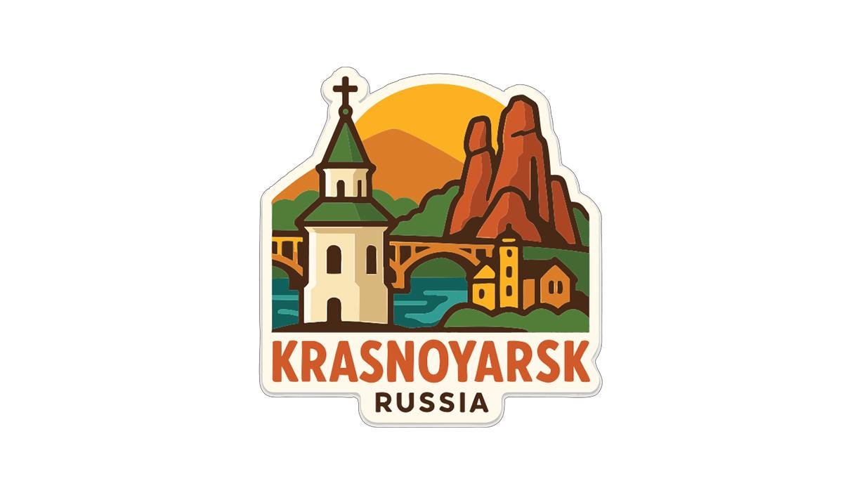 a sticker or logo depicting a church with a cross, mountains, and a bridge, along with the text "Krasnoyarsk Russia" prominently displayed.