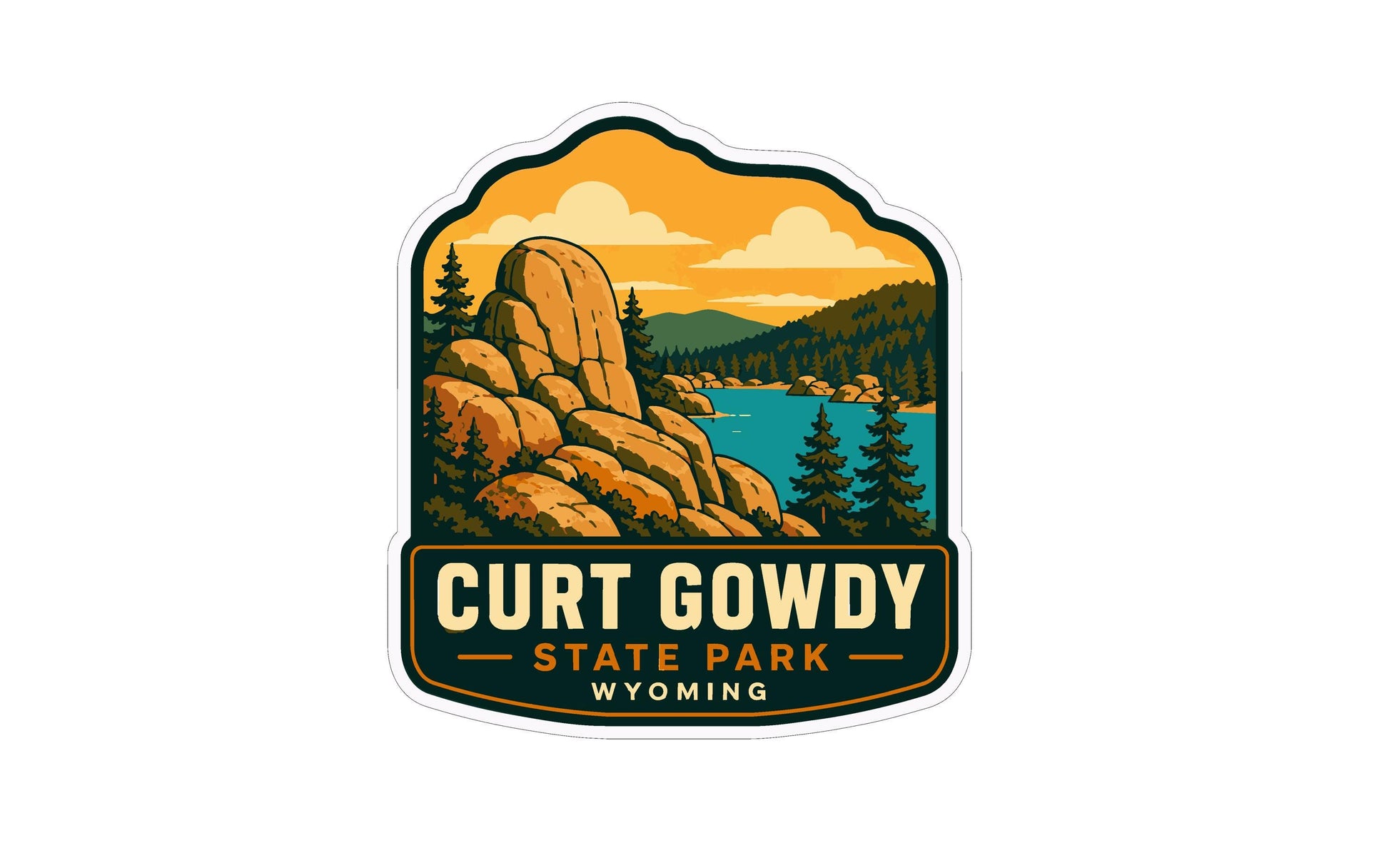 A sticker or logo depicting a scenic landscape with mountains, a lake, and pine trees, with the text "Curt Gowdy State Park Wyoming" prominently displayed.